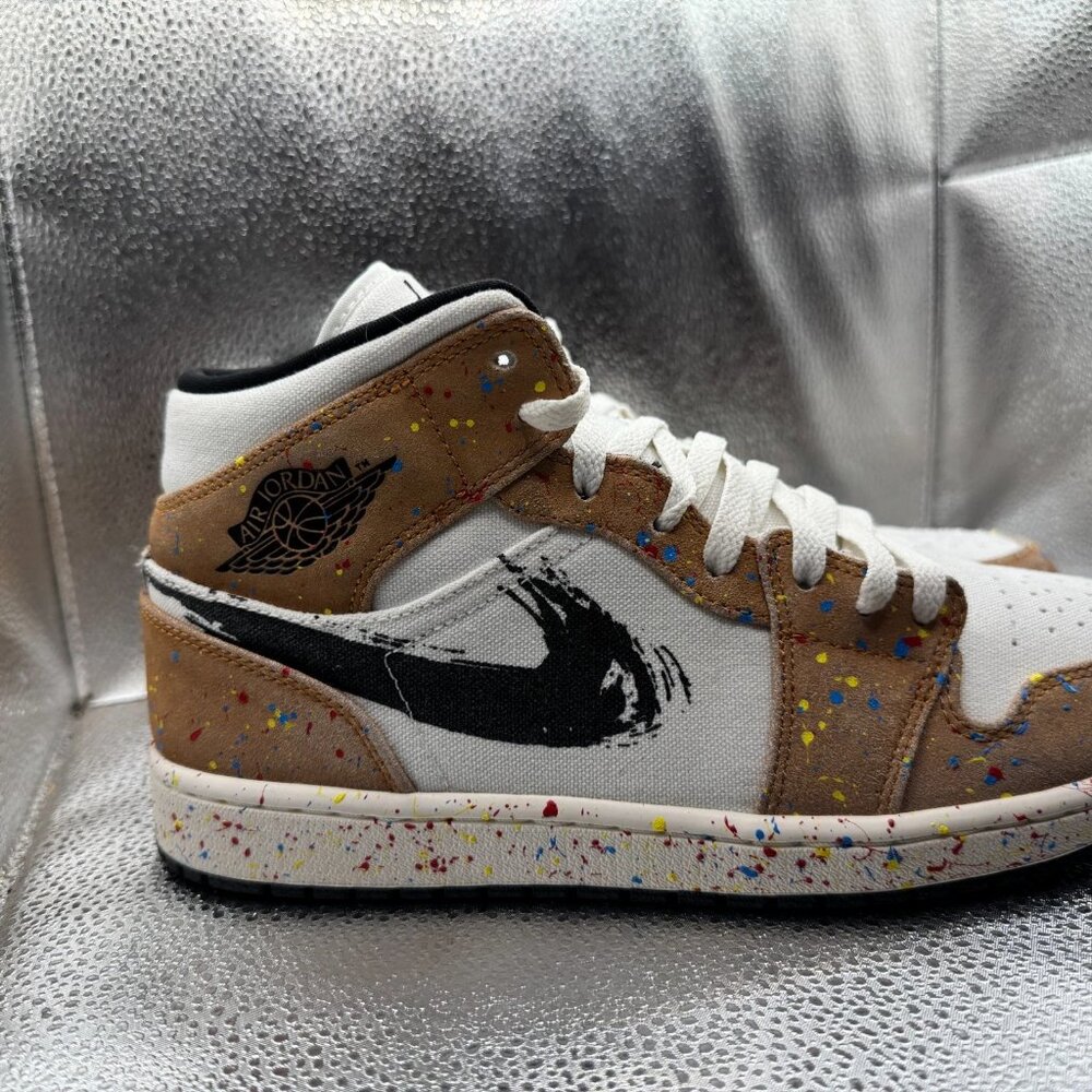 Size 10 Air Jordan 1 SE Mid Mens Black White Brushstroke Paint Shoes DA8005-100 - Picture 2 of 12